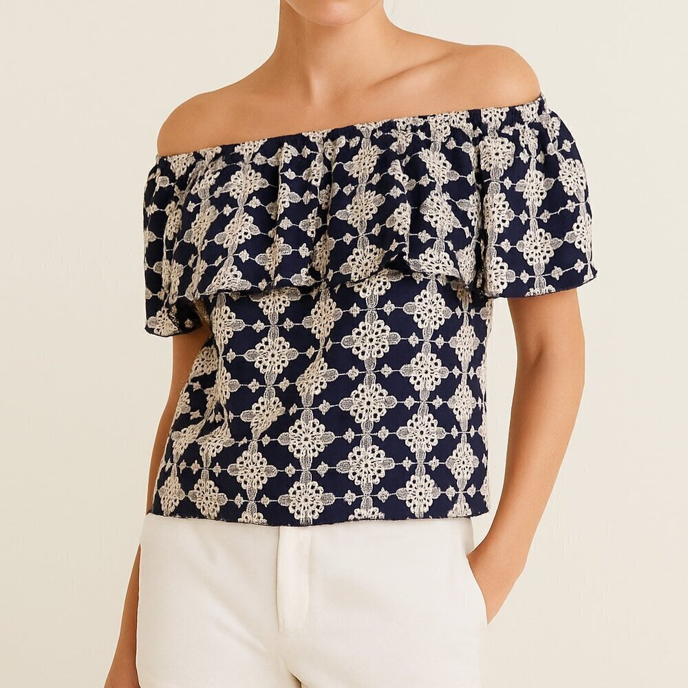 NWOT Zara Eyelet Lace Off Shoulder Navy/White Top Sz M